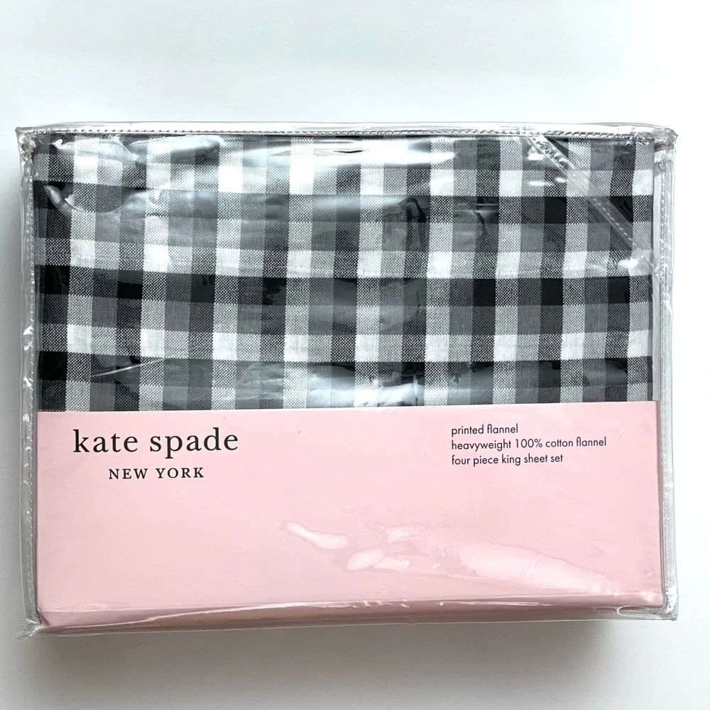 Kate Spade ♠️ KING Sheet Set Black Gray White Plaid Flannel 100% Cotton
